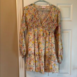 Pink Lily Floral V-Neck Dress with Long Sleeves